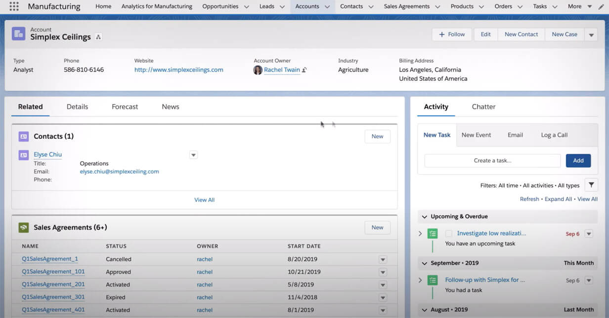 Visualización de los acuerdos de ventas en Manufacturing Cloud