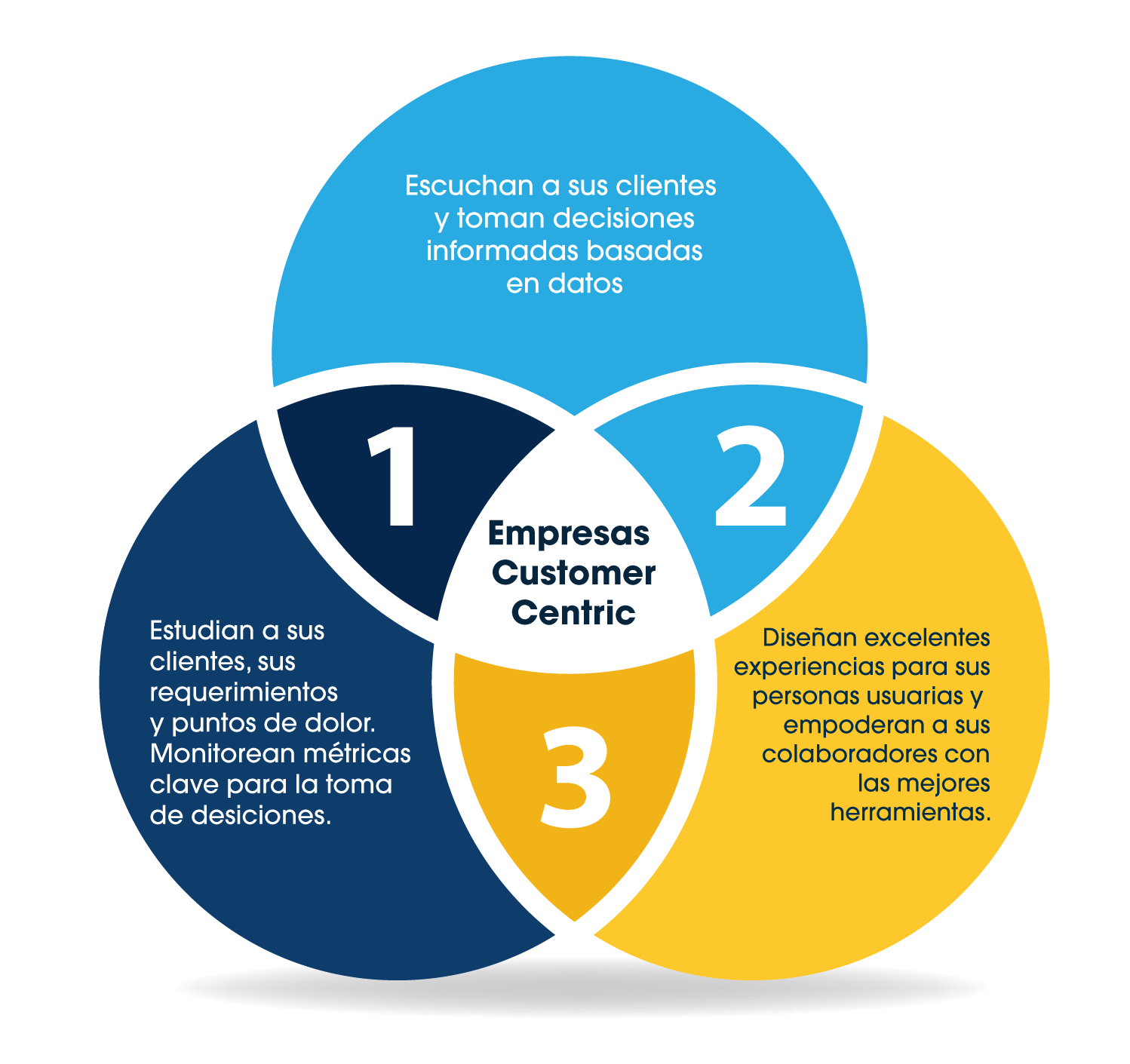 Las empresas customer centric escuchan y estudian a sus clientes, miden KPI's de valor, toman decisiones basadas en datos y mejoran continuamente.